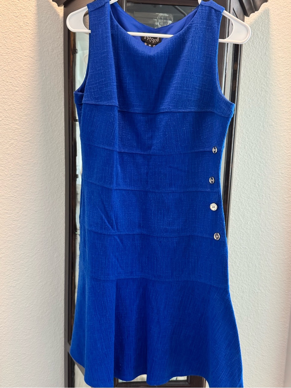 Sleeveless Royal Blue Midi Dress with Side Button Detail